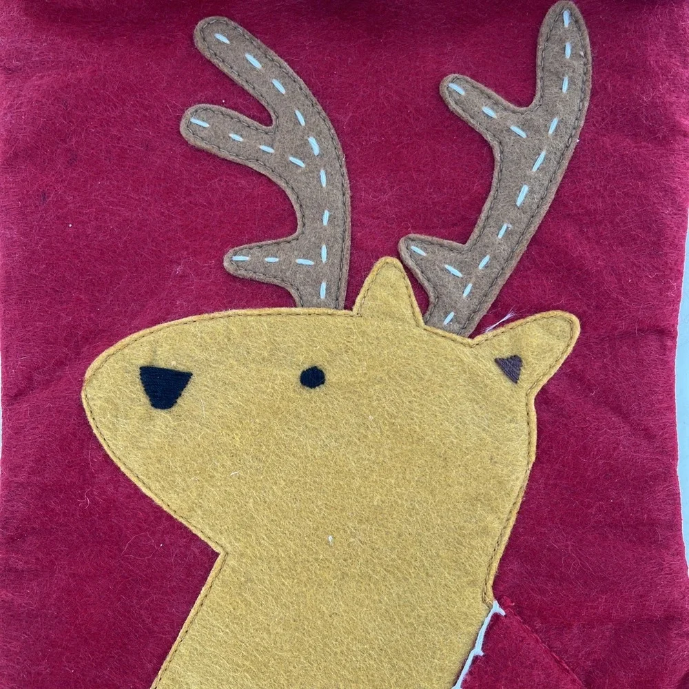 Rare Pottery Barn Felt Christmas Stocking Reindeer Poms Fleece Cuff Stitch, 22